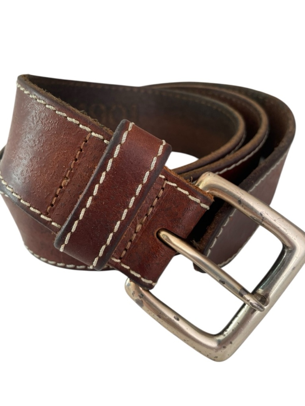 1901 Nordstrom Men's Brown Leather Belt Sz 38 Brass Silver Buckle Made in USA
